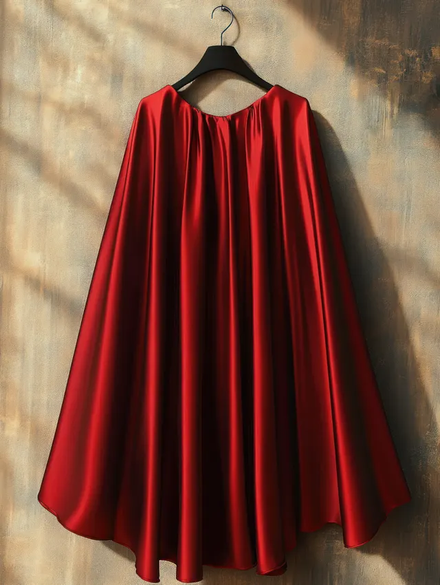 Red satin cape draped from a black hanger against a textured wall with soft natural light and shadows.
