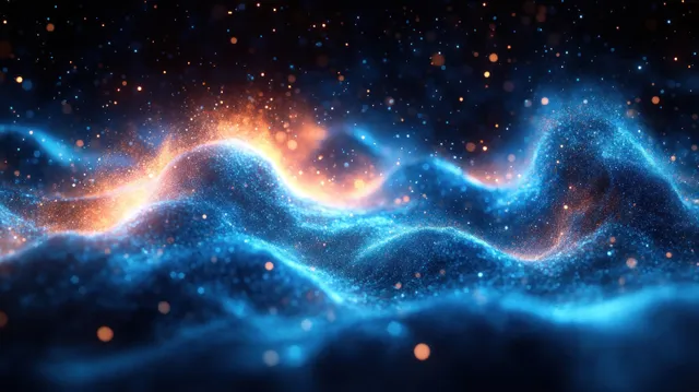 Blue glowing particle waves ripple across dark space with sparkling orange energy highlights.