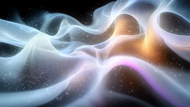 Glowing translucent wave ribbons and fine light lines swirl through a dark space with scattered sparkling particles.