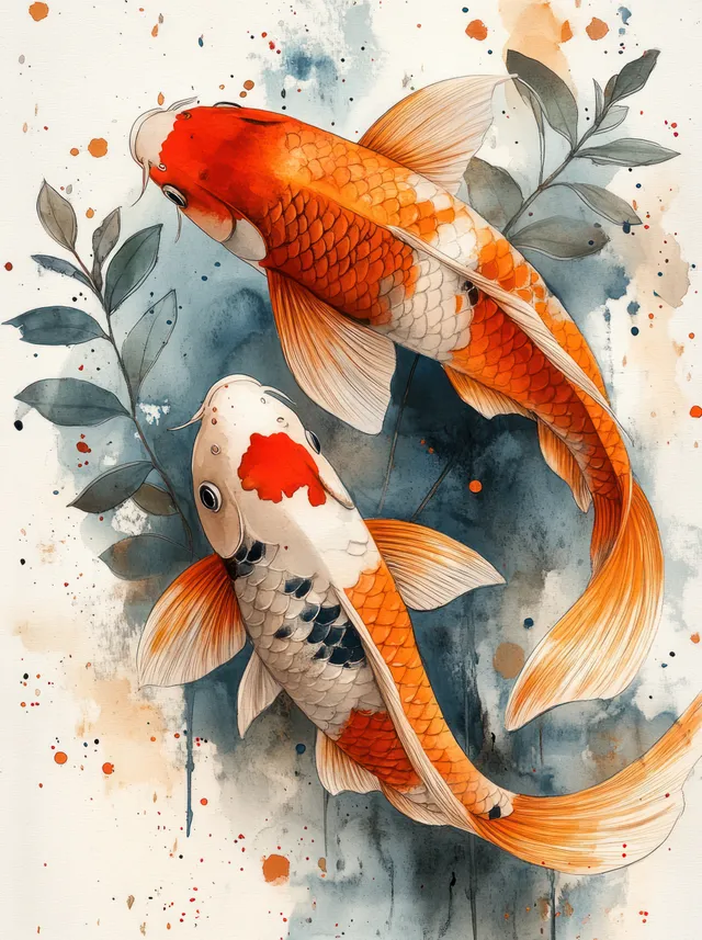 Koi fish watercolor painting with Japanese style soft colors and flowing ink splashes