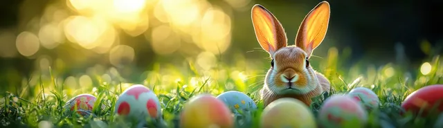 Brown rabbit sitting in green grass surrounded by colorful decorated Easter eggs under warm sunlight.