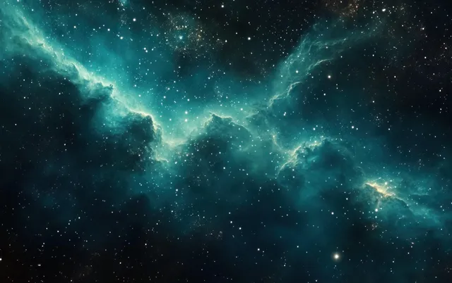 Teal glowing nebula clouds and scattered bright stars fill a dark deep space background.