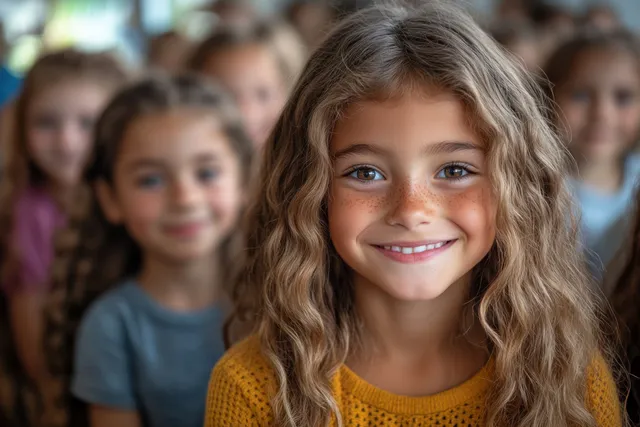 Smiling schoolchildren pose for group portrait in classroom, diverse friends chatting