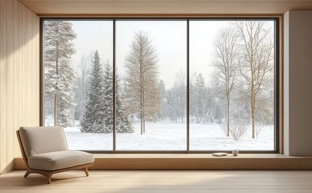 Neutral armchair and coffee cup in a minimalist living room with a panoramic window over snowy pine trees.