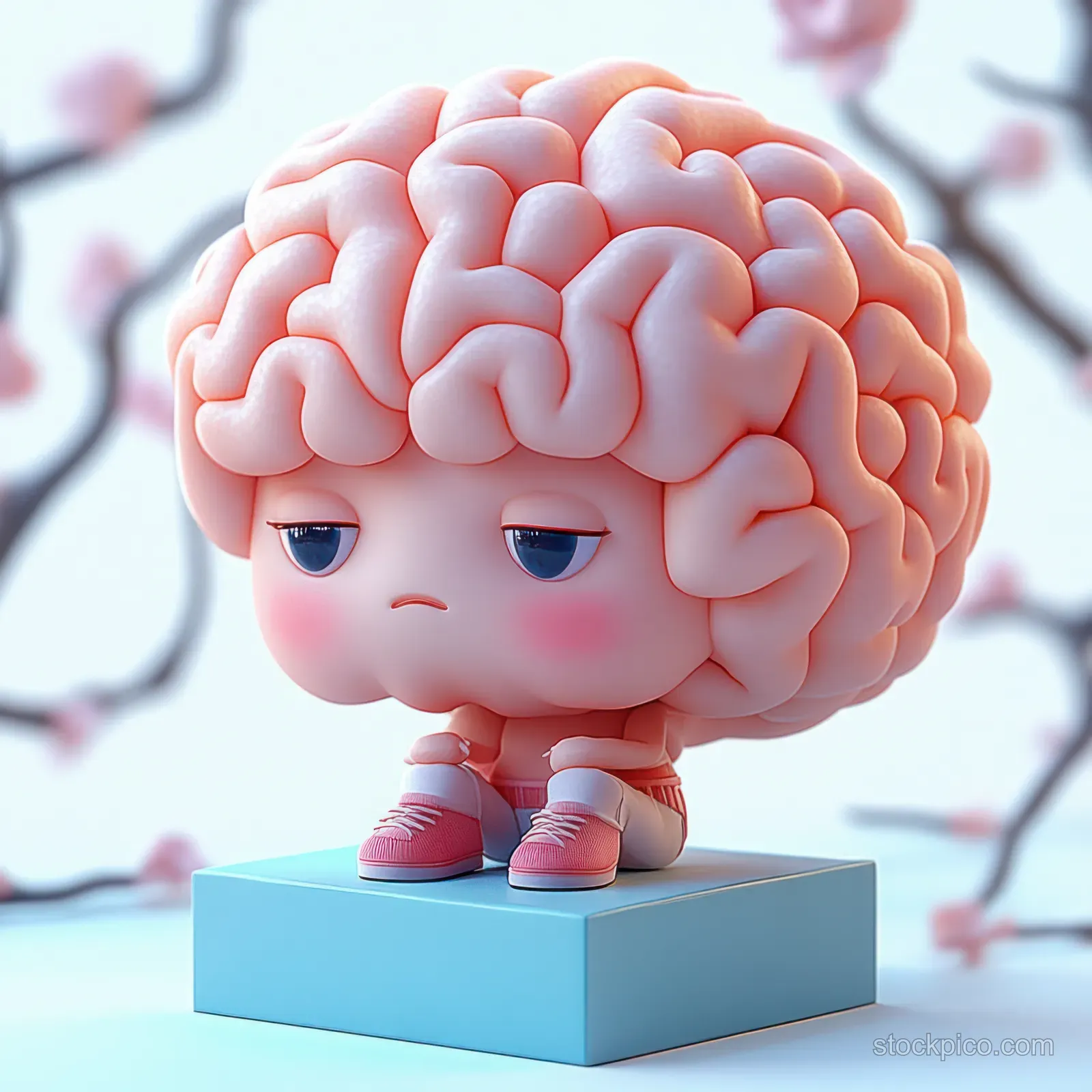Sleepy brain-headed cartoon character sitting on a blue block with pink shoes on a soft pastel background.