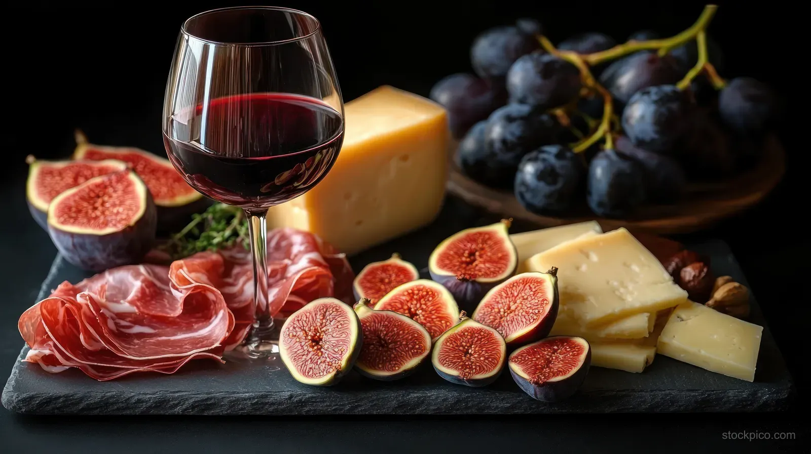Sliced figs, cheese, cured meat, grapes, and a glass of red wine on a slate platter.