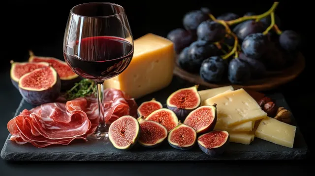 Sliced figs, cheese, cured meat, grapes, and a glass of red wine on a slate platter.