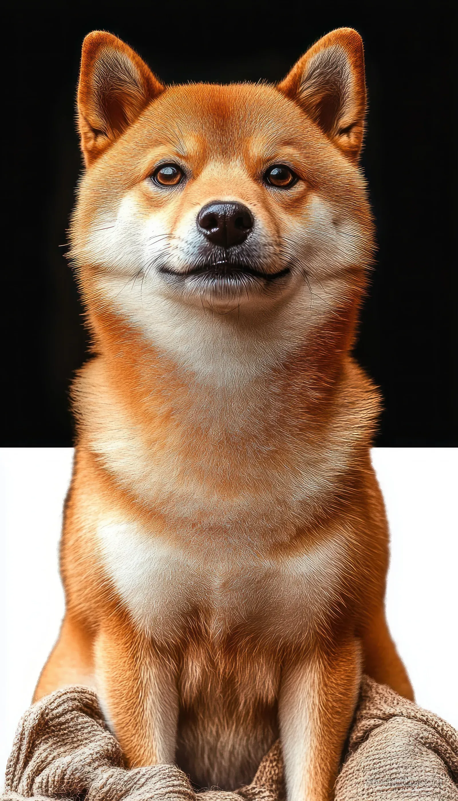 An orange Shiba Inu sits with front paws on textured cloth, calm face against a black-and-white background.