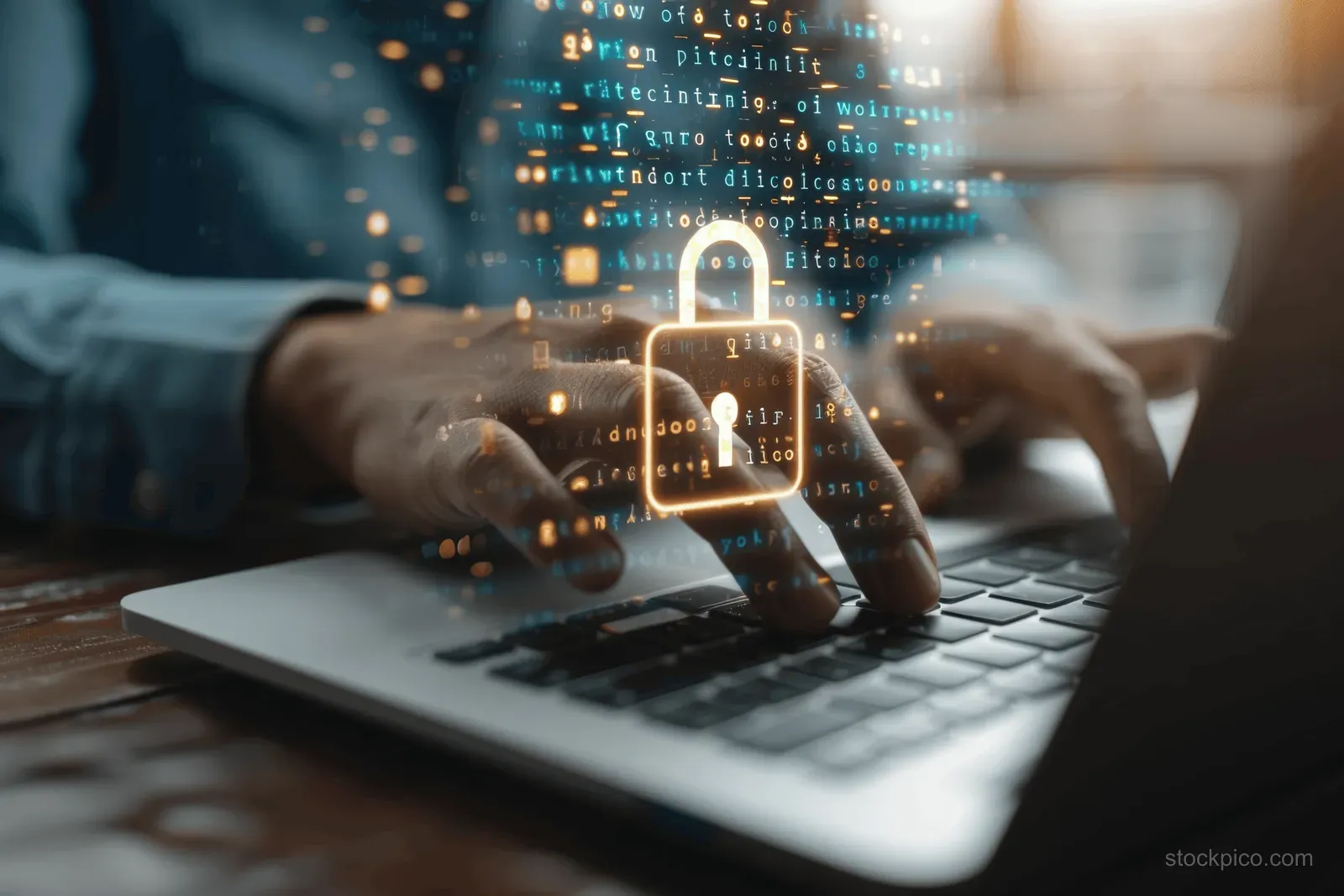 A businessman types on a laptop with a glowing lock icon indicating encrypted login security.