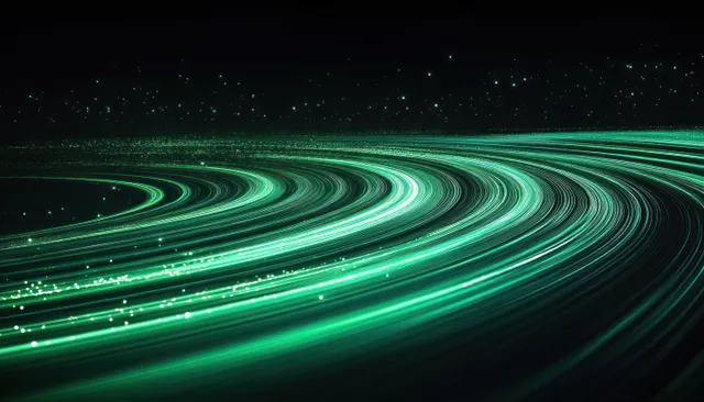 Rastros curvos de luz neon verde com pequenas partículas cintilantes atravessam um fundo escuro.
