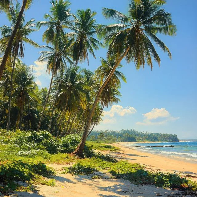 A sunny beach scene with palm trees, green vegetation, and a clear blue ocean under a blue sky with scattered clouds.