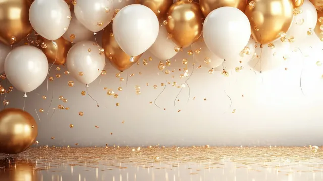 Gold and white balloons hang overhead above a softly glowing confetti celebration background.
