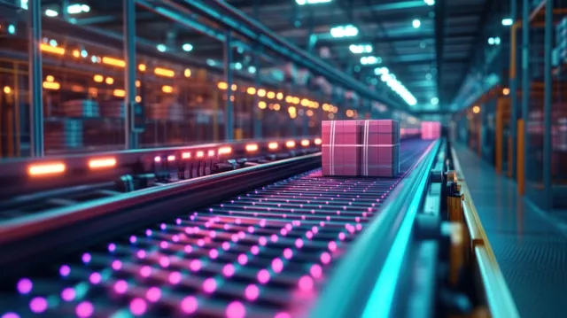 Neon-lit conveyor belt in a cyberpunk warehouse carries holographic boxes toward a glowing vanishing point.