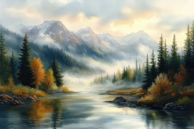 Mountain river curves through misty pine forest at sunrise with autumn trees and soft clouds