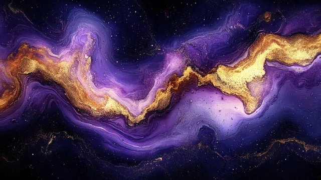 Purple and golden swirling nebula waves with scattered glittering stars across a dark cosmic background.