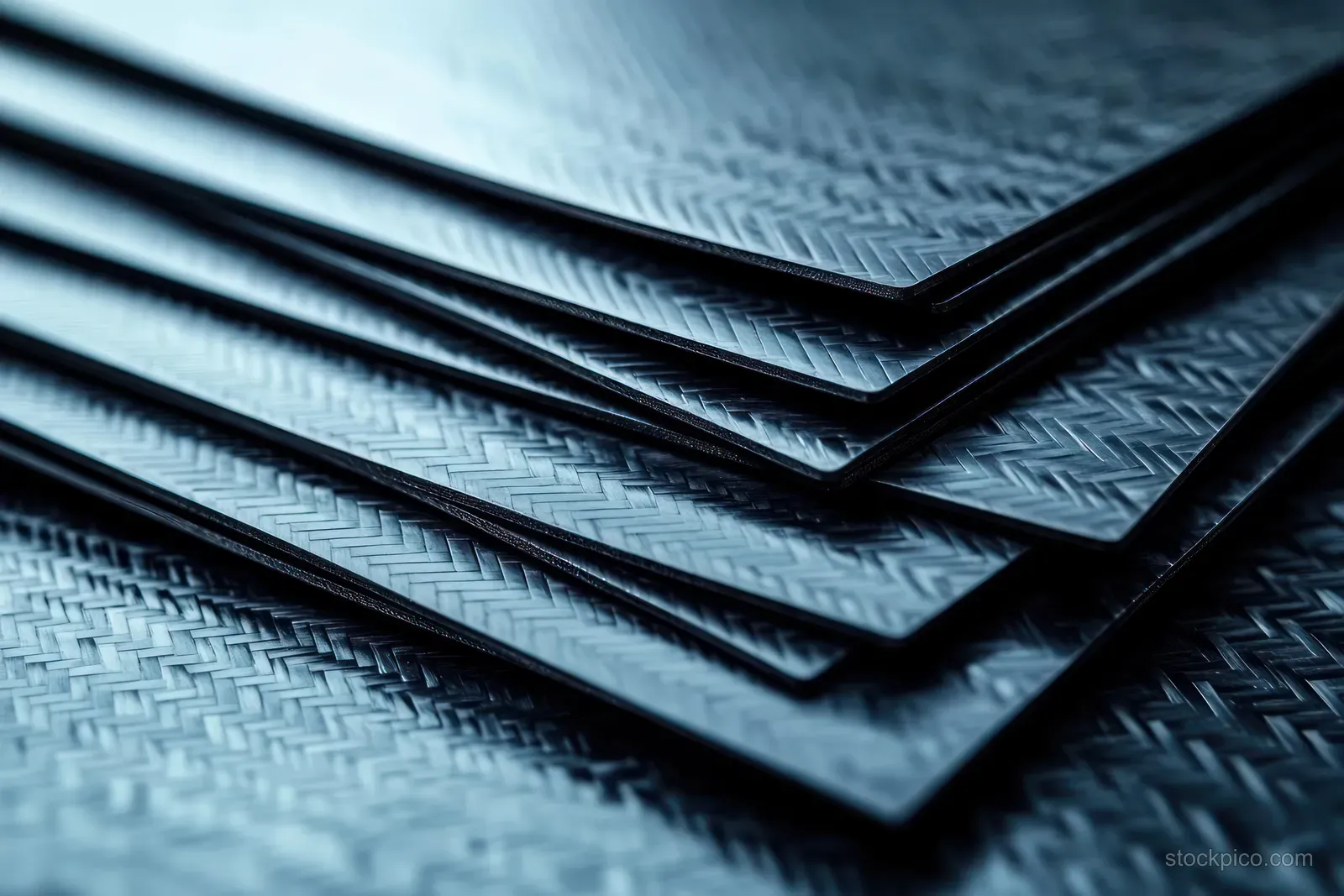 Stacked black textured sheets with a diagonal weave pattern show layered thickness under cool blue lighting.