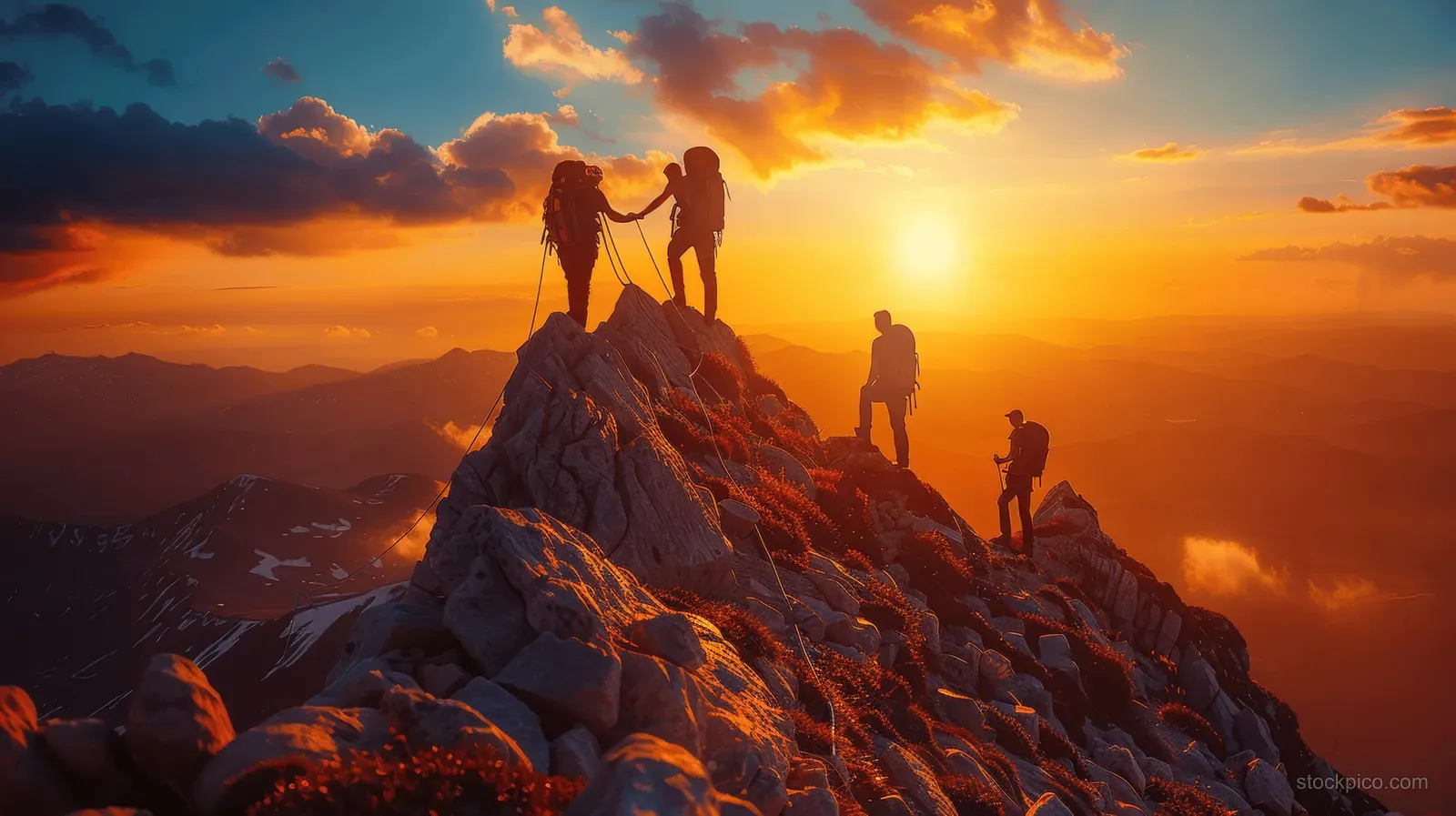 Hikers climb and assist on a jagged mountain peak beneath a glowing sunset sky.