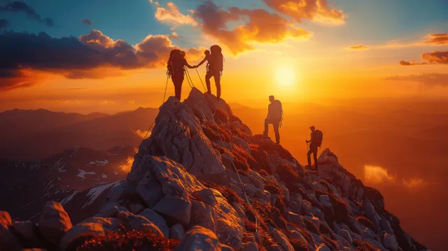 Hikers helping each other climb a jagged mountain peak at sunset glow