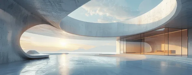 Empty minimalist concrete gallery interior with curved walls and a skylight casting light across the floor.
