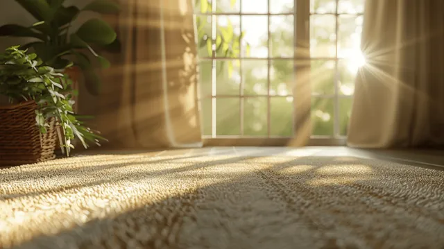Warm sunlight streams through a tall window onto an empty room’s beige carpet with visible textured fibers.