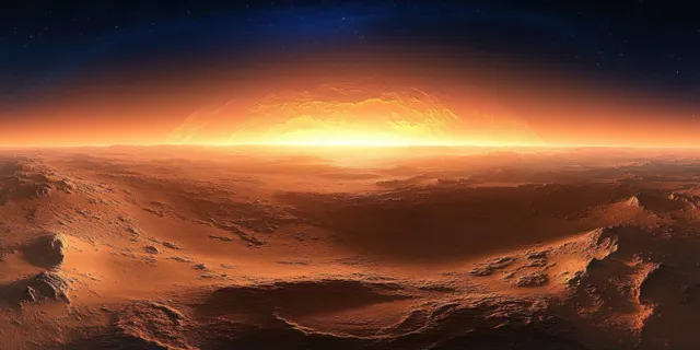 Wide martian twilight landscape with dusty dunes, glowing orange horizon, and faint stars over a curved sky.