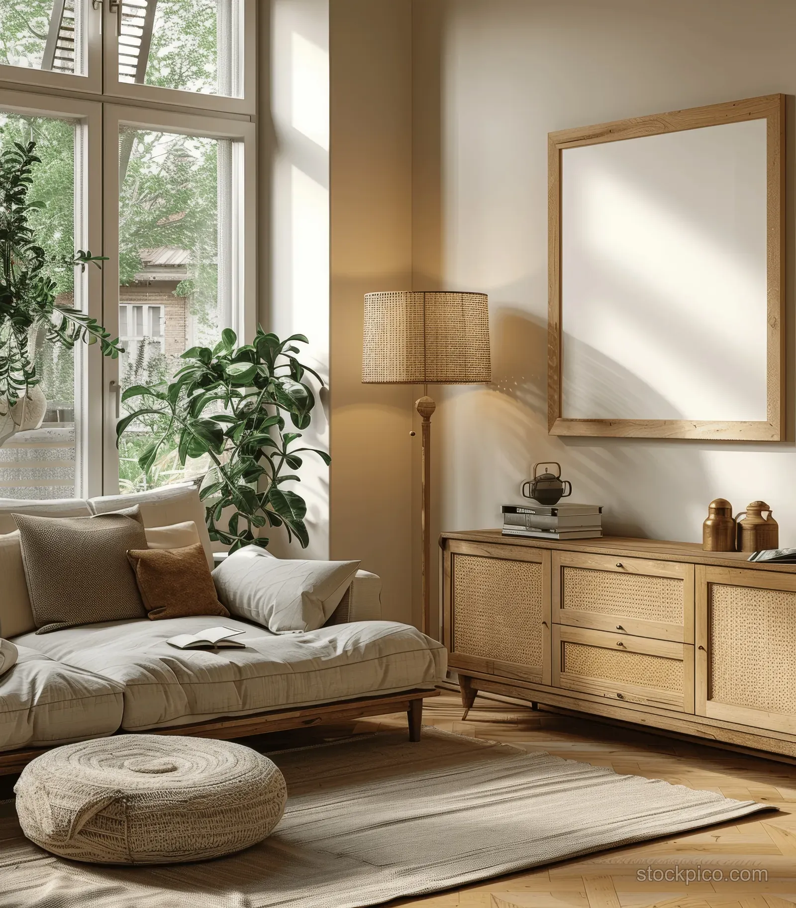 Sunlit living room corner with beige walls, wooden sideboard, framed blank art, lamp, plants, and a sofa and rug.