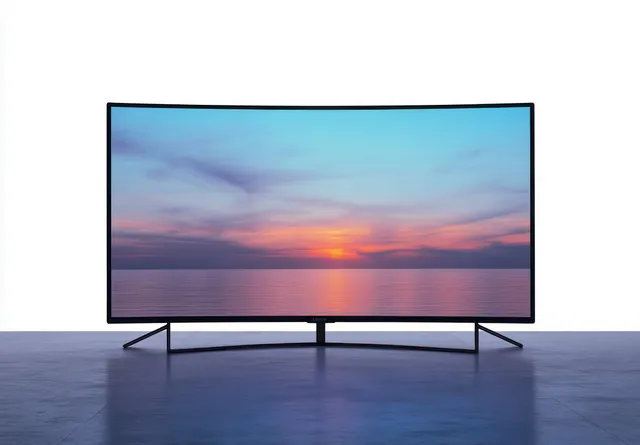 Curved television on a stand displaying an ocean sunset with colorful sky reflections on the floor.