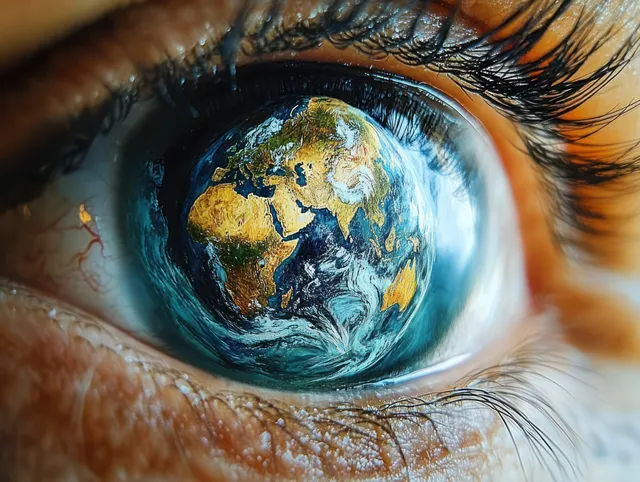 Macro close-up of a human eye reflecting Earth with visible continents and swirling clouds.