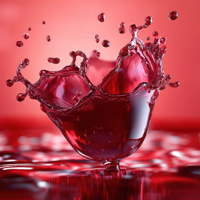 Red liquid crown splash with droplets suspended mid-air above a glossy red surface against a vivid red background.