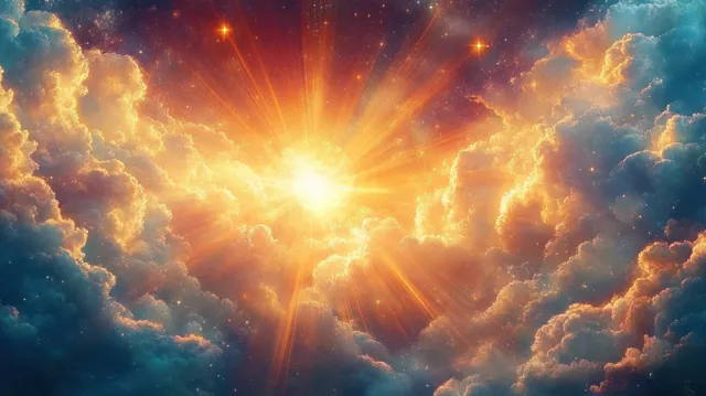 Sunlight beams break through clouds in a divine sky glow over a heavenly horizon