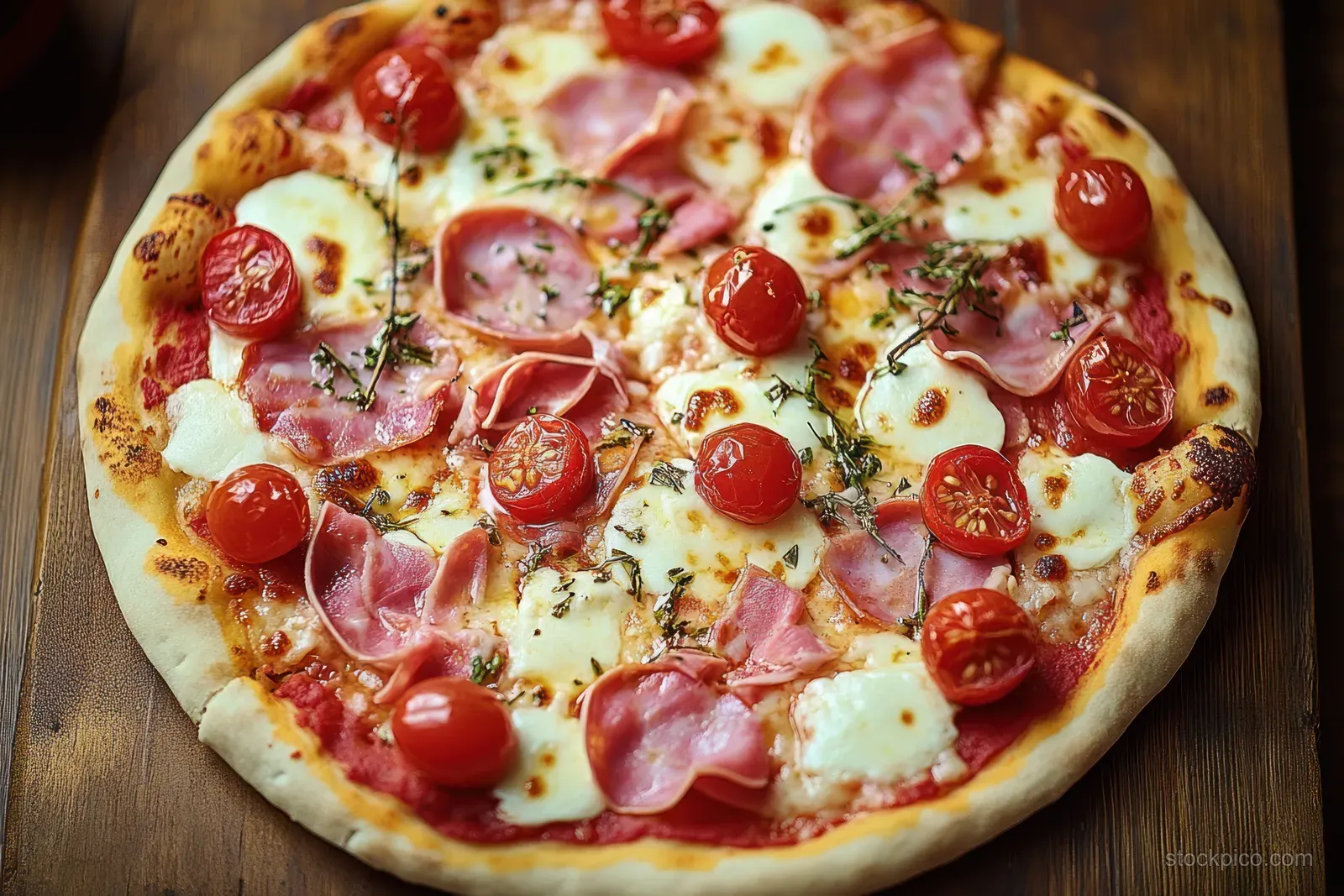 Freshly baked pizza with melted cheese, ham, cherry tomatoes, and herbs on a wooden surface.
