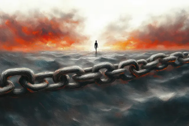 Lone silhouette walking across a massive chain over turbulent dark waters beneath a fiery horizon