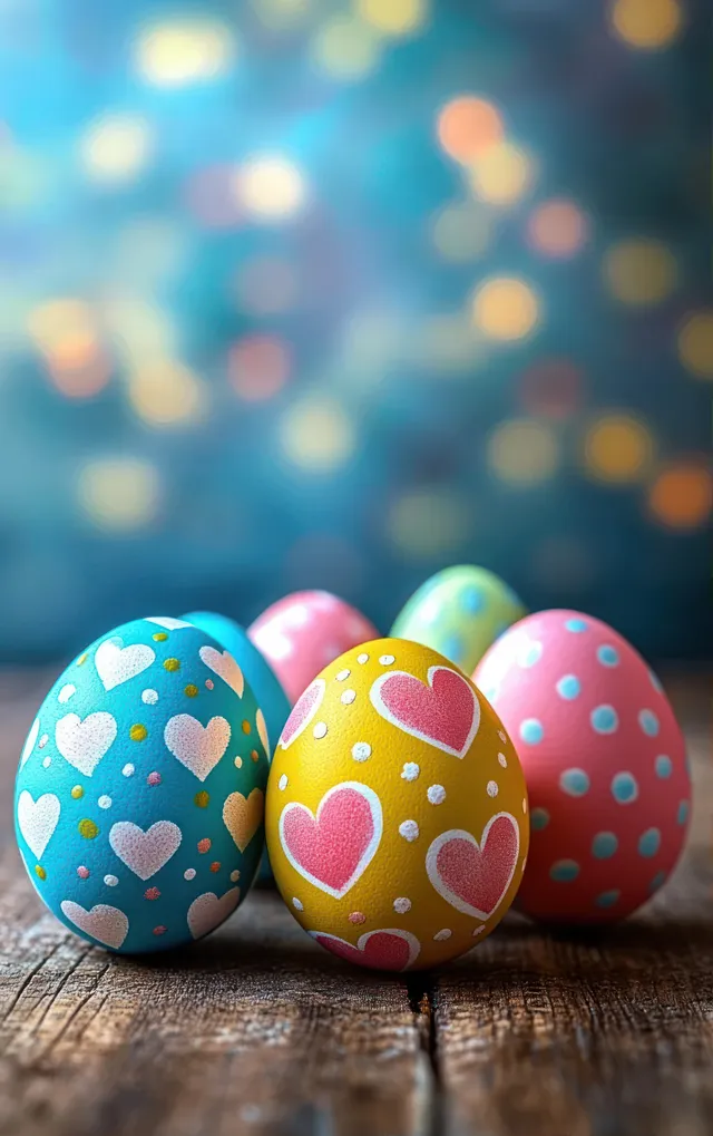 Colorful Easter eggs on wooden table, heart and polka-dot patterns with soft bokeh