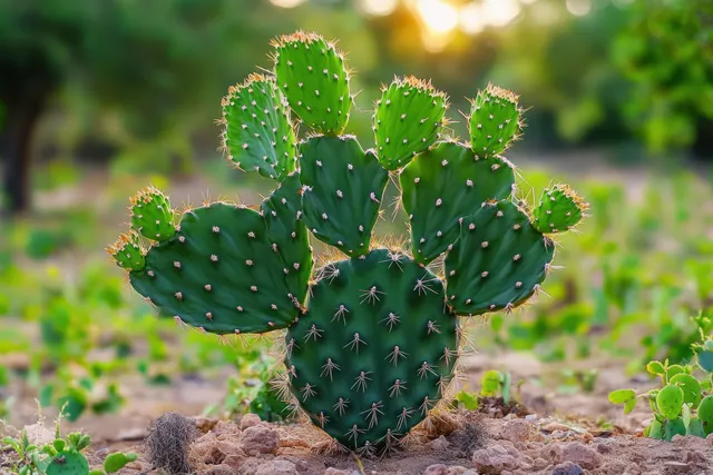 Green prickly pear cactus stands in rocky soil with warm sunlight and a blurred green background behind it.