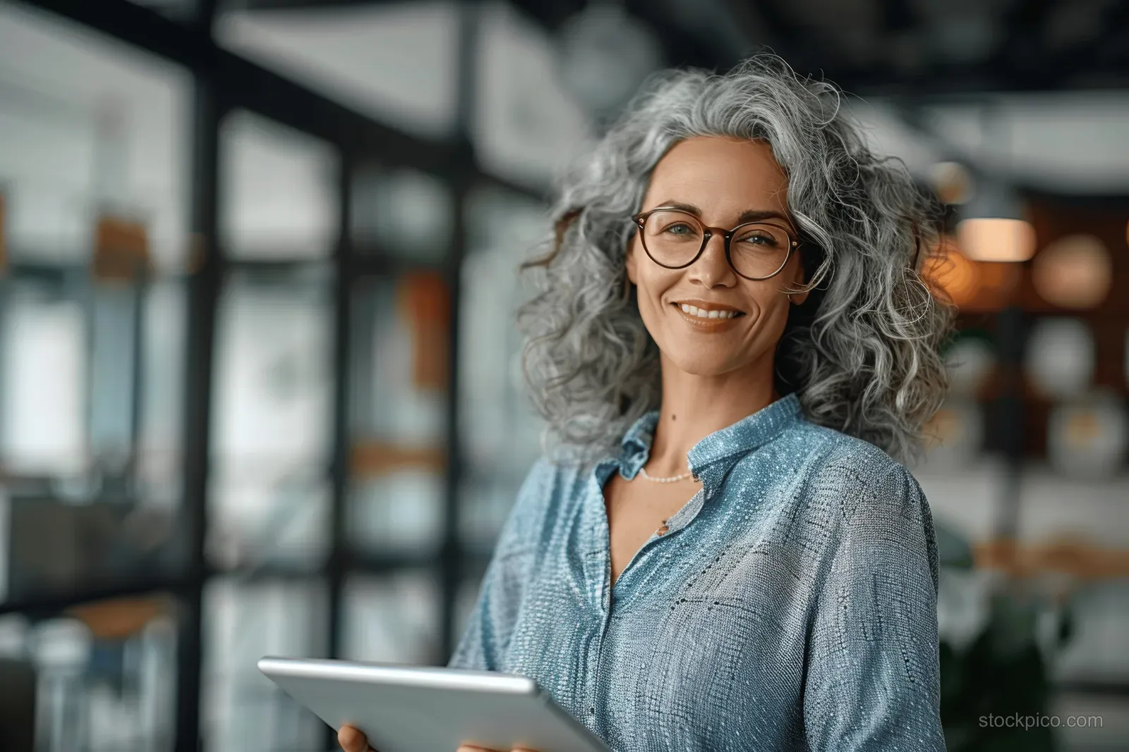 Smiling senior businesswoman with gray curly hair and glasses holding a tablet while working at a laptop in an office.