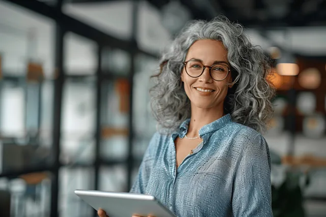 Smiling senior woman using tablet and laptop in bright office, gray curls and glasses