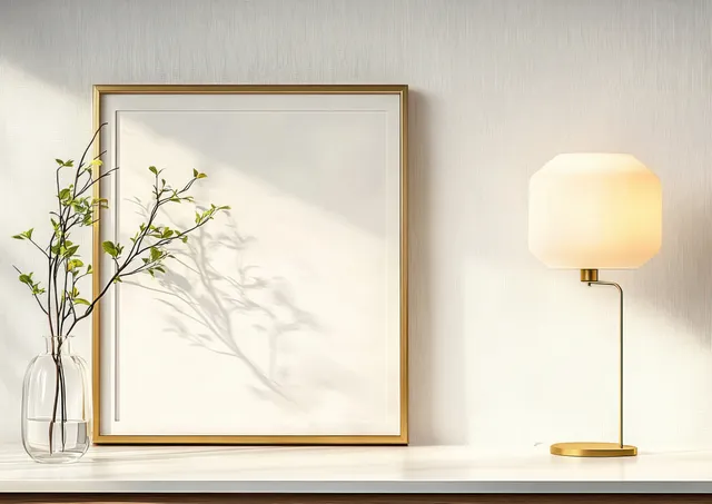 Empty gold picture frame on a shelf next to a vase with green twigs and a warm desk lamp glow.