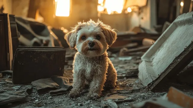 Small fluffy dog sits amid rubble in a dim abandoned room while warm sunlight pours through broken windows.