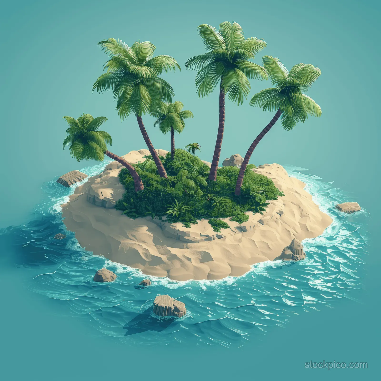 Isometric island with several palm trees on sandy rocks surrounded by turquoise lagoon waves.