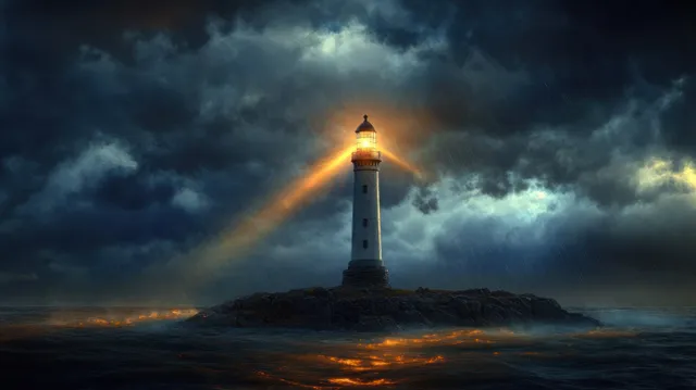 A lighthouse shines through storm clouds over a rocky island with rough waves in the dark sea.