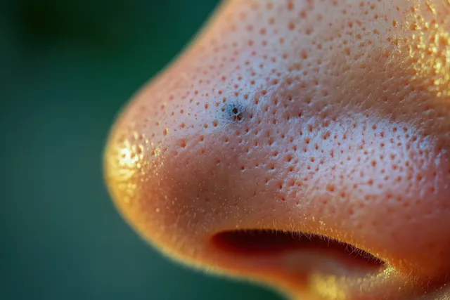 Close-up of blue nevus mole on elderly woman’s nose with visible skin texture