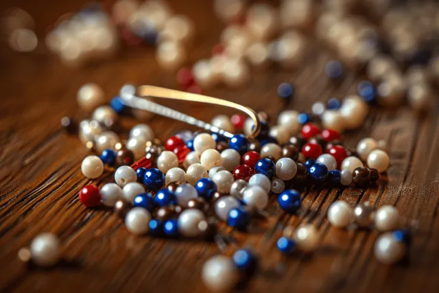 Colorful bead strands on wooden table with safety pin detail and soft bokeh