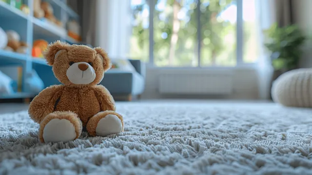 A teddy bear sits on a fluffy white carpet in a bright kids playroom by a window.