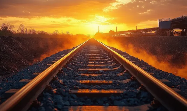 Railroad tracks stretching into a fiery sunset, orange mist and industrial silhouettes on both sides