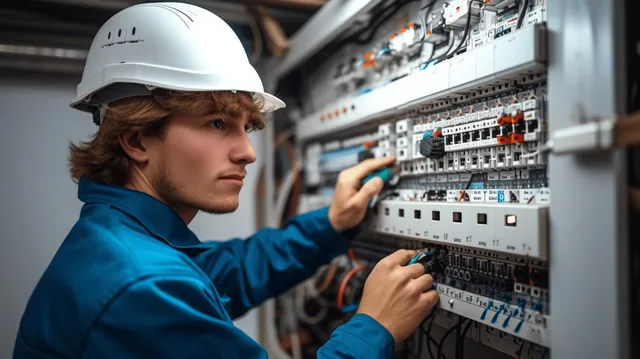 Electrician in blue uniform tightening wiring on a breaker panel inside an electrical control room.