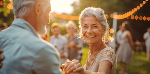 Smiling elderly couple dancing at sunny garden party, string lights and guests behind