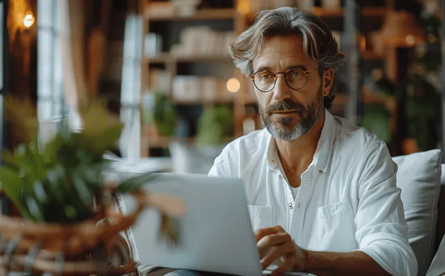 Hombre mayor sonriente con gafas usando una computadora portátil en un escritorio en un luminoso estudio tipo cafetería con plantas.