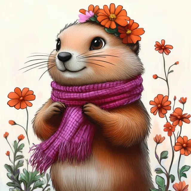 Smiling raccoon wearing a purple scarf and orange flower crown, close-up spring portrait