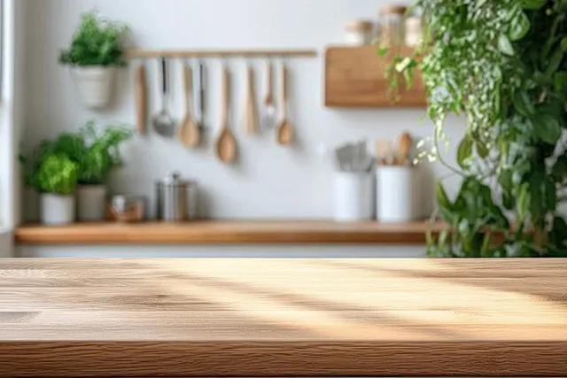 Minimal Scandinavian kitchen counter with wooden slab, sunlight, and hanging utensils