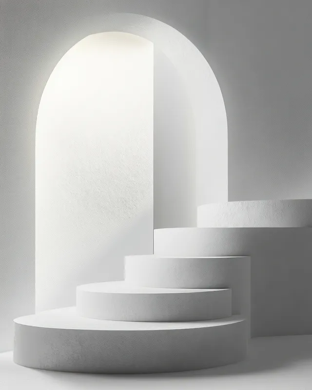 A white curved staircase under an arched opening is lit by soft daylight, casting smooth shadows.